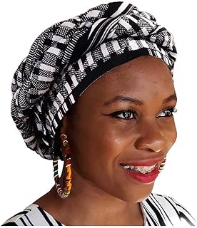 Black and white Kente African Print Modu Hat - Pre-tied Head wrap