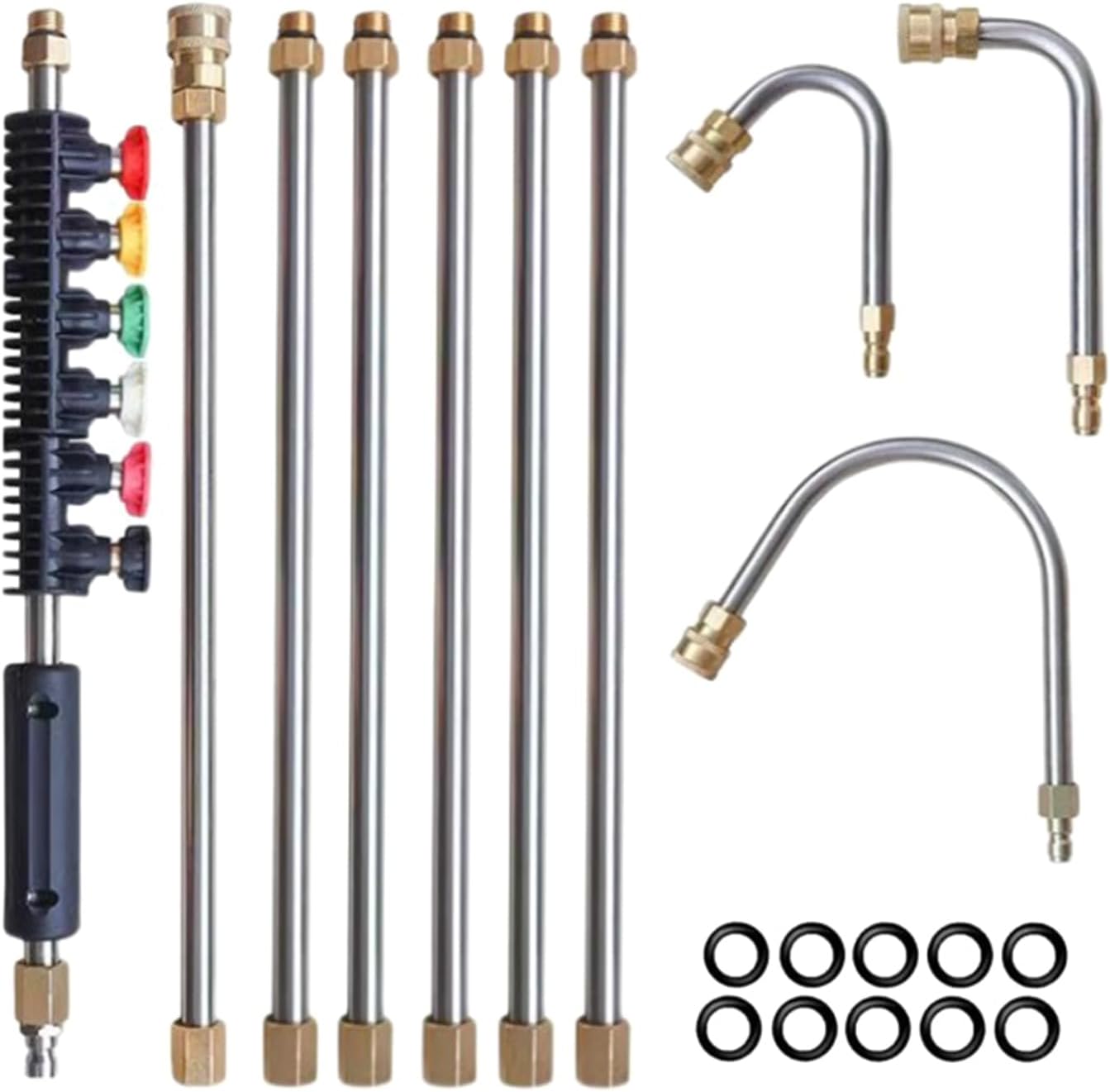 10pcs High Pressure Washer Lances with 6 Nozzle Tips Stainless Steel Pressure Washer Extension Wand Curved Rods High Pressure Washer Wand