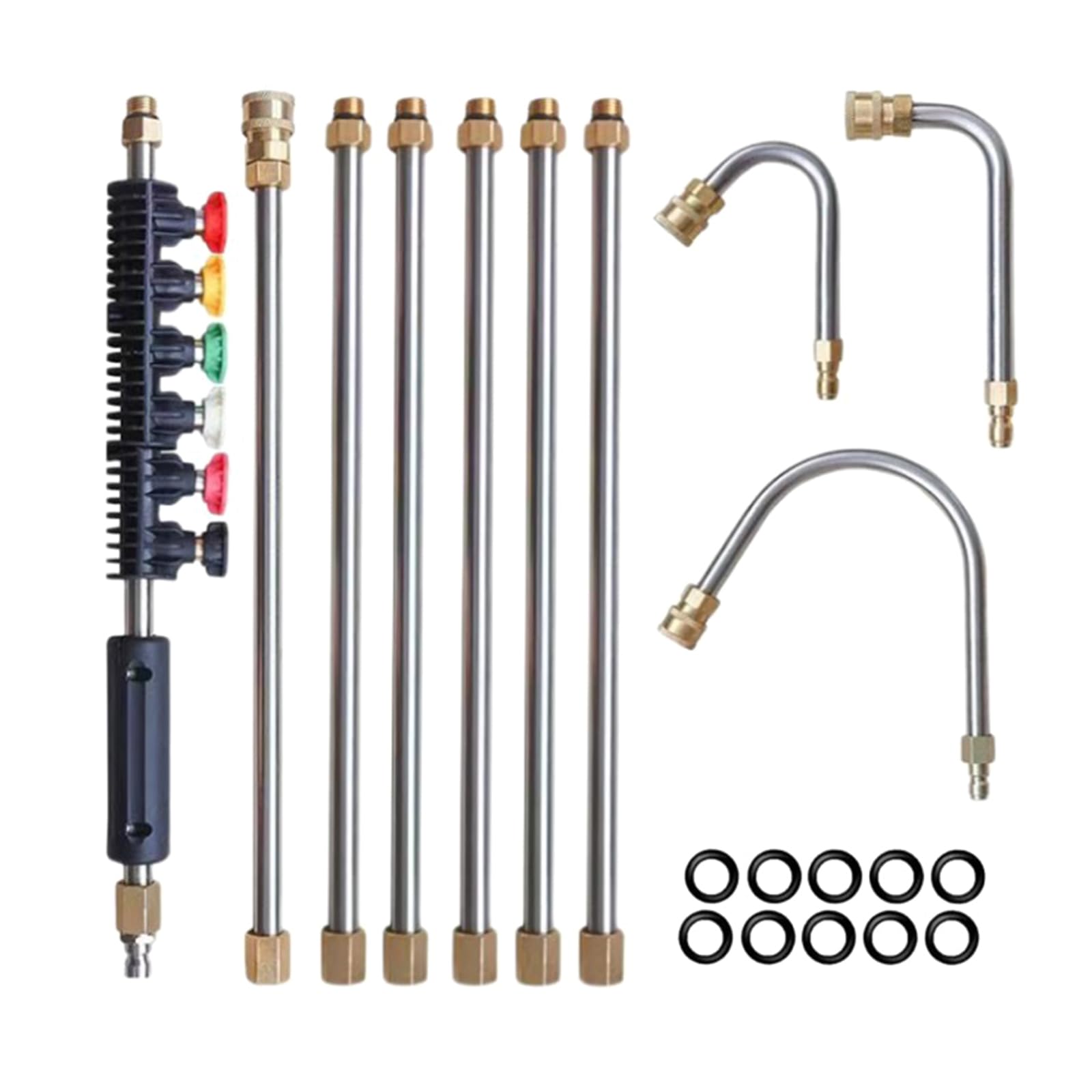 10pcs Power Washer Extension Wand Gutter Cleaner Attachment Stainless Steel Power Washing Equipment Curved Rods High Pressure Washer Wand