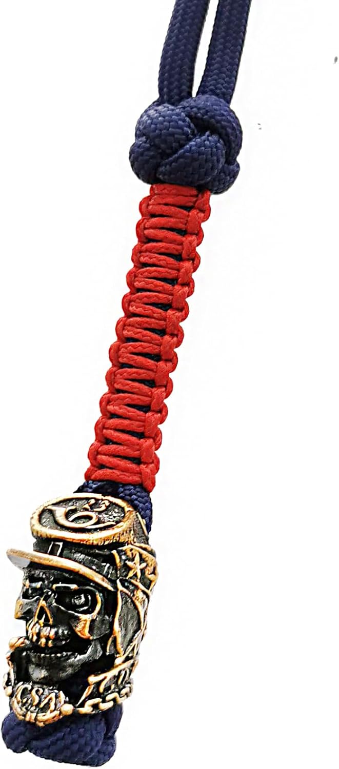 CooB EDC Paracord Knife Lanyard with Metal Hand Casted Paracord Bead Beads, Pendant Confederate Skull. Custom Keychain Lanyards for Knives (Bronze)