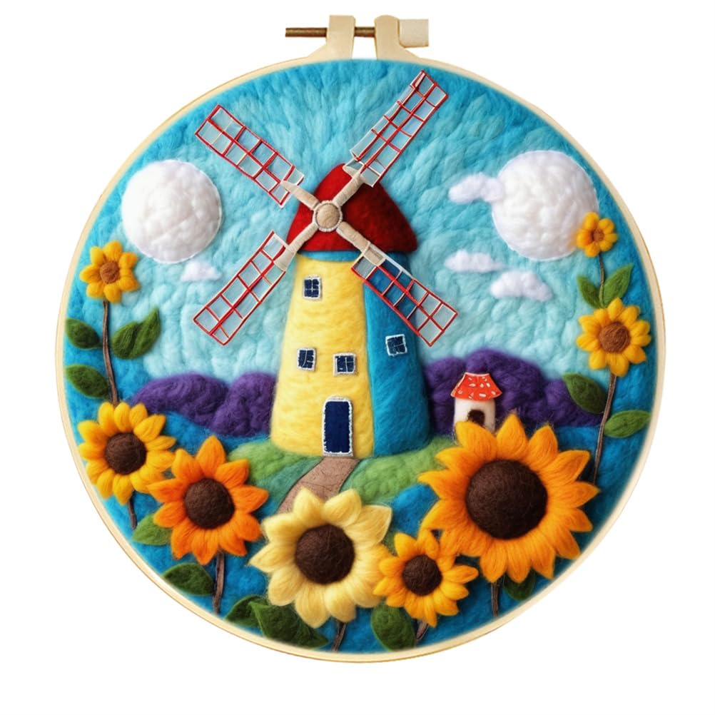 Meecaa Windmill Sunflower DIY Needle Felting Kit for Beginners, Including Wool Felt Supplies, Embroidery Hoops,Beautiful Wool Painting and Needle Felting Tools (Windmill)