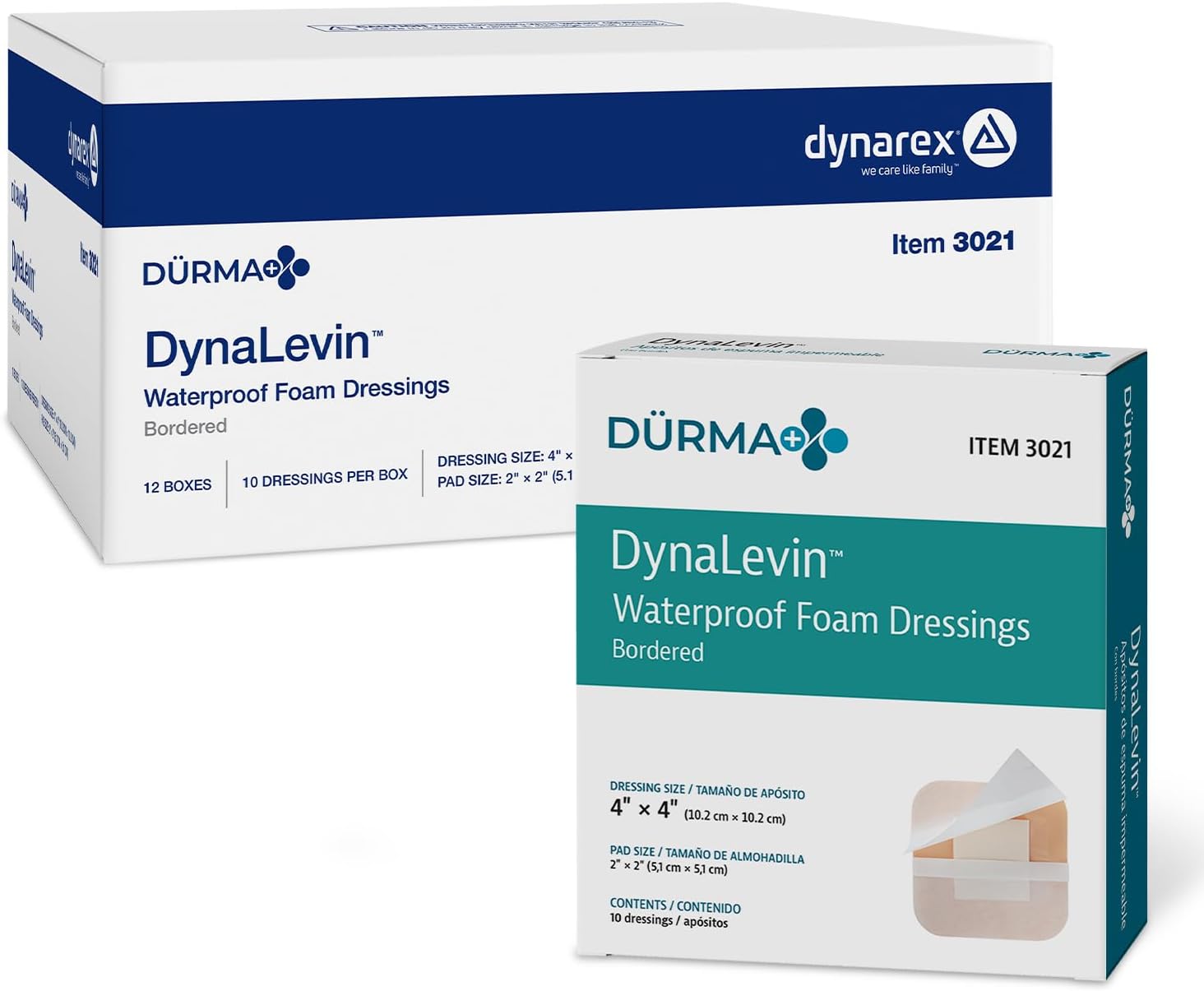 Dynarex Dürma+ DynaLevin Waterproof Adhesive Bordered Foam Dressing - Absorbent Polyurethane Pad - Adheres Easily to Skin - 4" x 4" - 10 Per Box, 12 Boxes Per Case