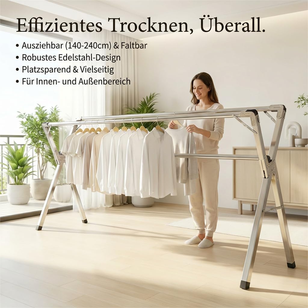 Wäscheständer aus Edelstahl klappbar, verstellbar 140–240 cm | Wäschetrockner Für Innen- und Außenbereiche, Jede Stange bis 60 kg belastbar, mit 40 Winddichte Kleiderhaken