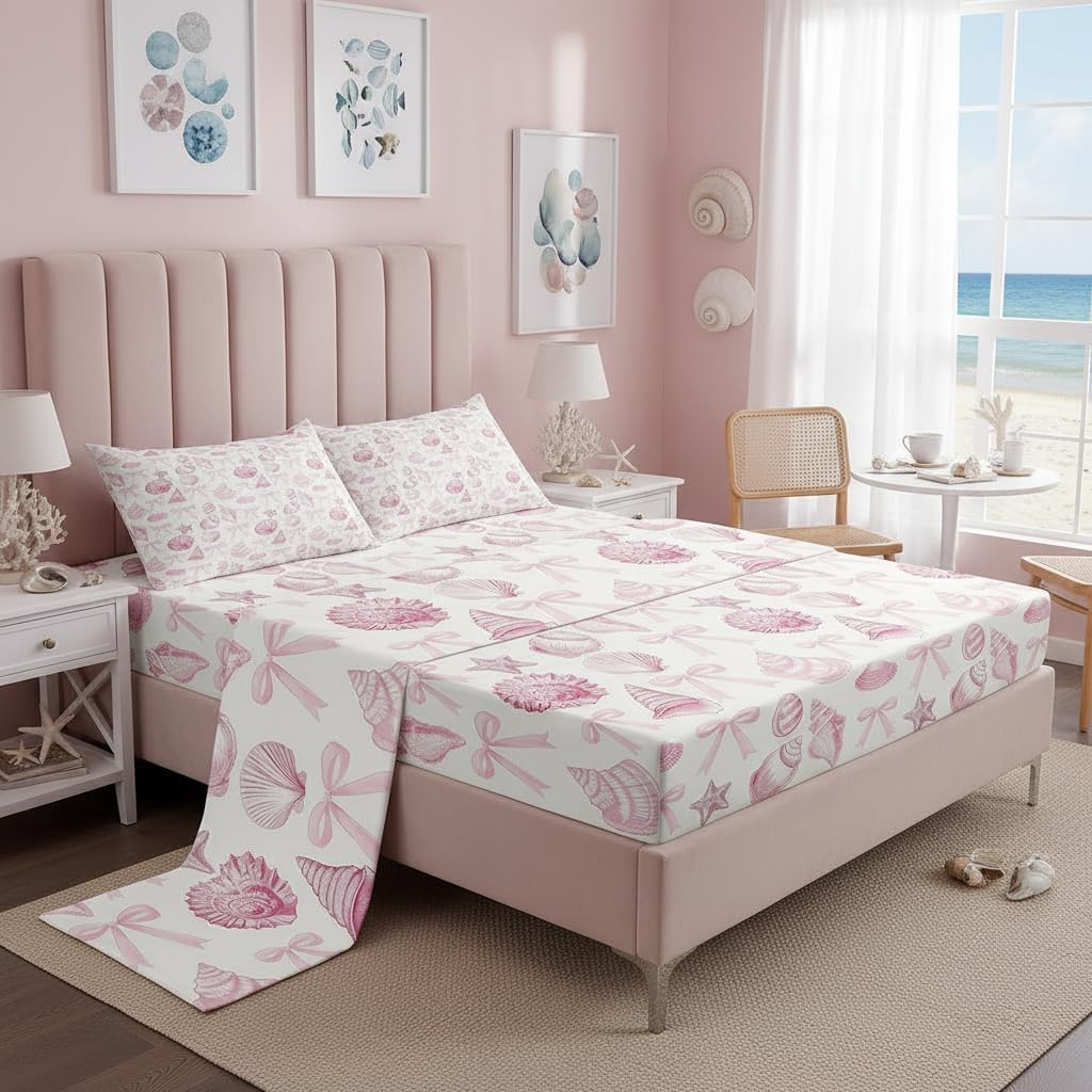 Manfei Coastal Hawaii Bed Sheet 4 Piece,Summer Beach Shell Conch Graffiti Sheets Full Size Bed Set,Seaside Pink Bowknot Princess Bow Girly Bedding Set with Flat,Fitted Sheet,2 Pillow Cases