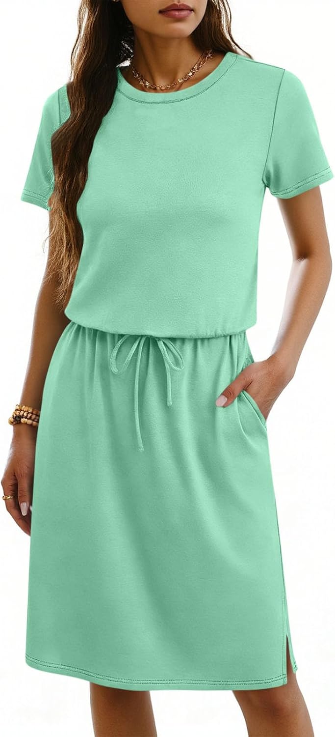 Women's Short Sleeve Tee Shirt Dresses Crew Neck Loose Tie Waist Midi Dress Summer Casual Clothes with Pockets
