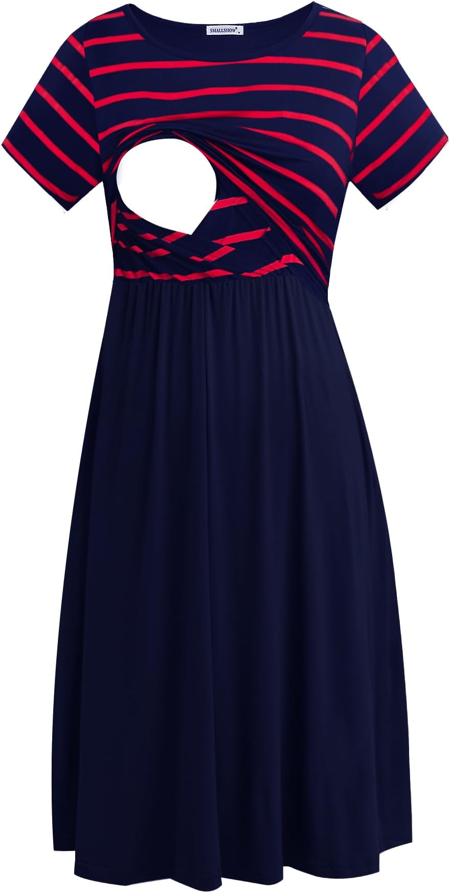 Smallshow Women's Short Sleeve Casual Maternity Nursing Dress for Breastfeeding Navy Wine Stripe-Navy L