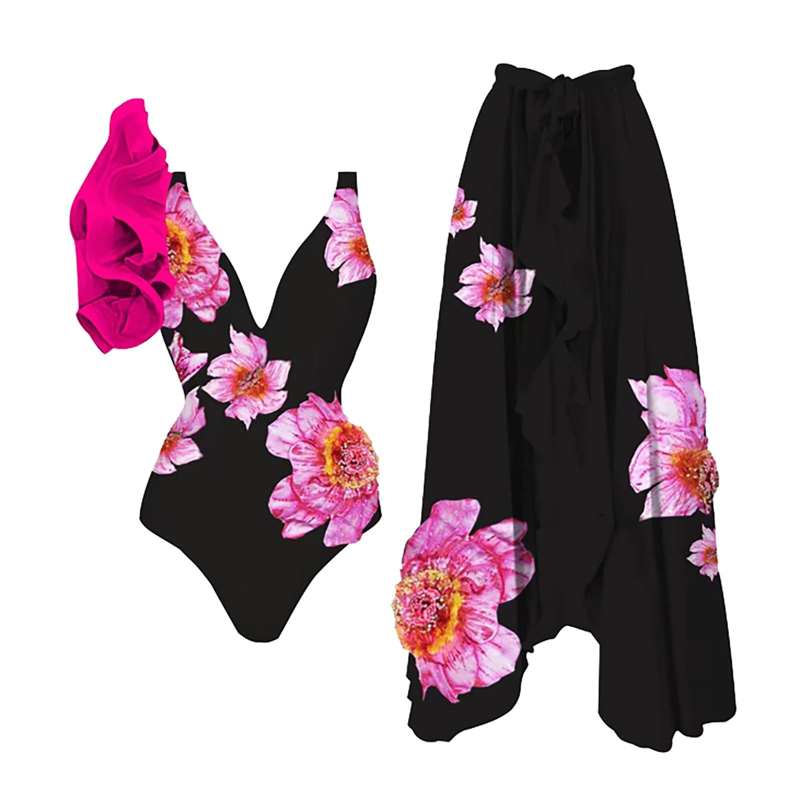 Generico Costume Intero Nero Costumi Contenitivi Donna Set Costume da Bagno con Copertura della Pancia retrò Francese Stampato da Donna Mutande Mestuali Intero Contenitivo