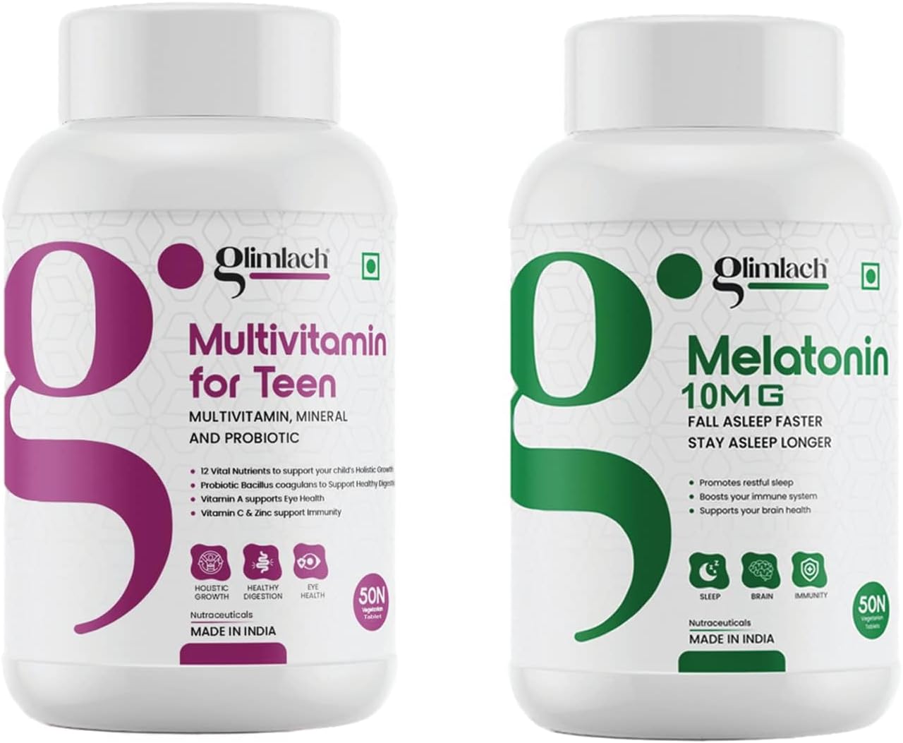 GLIMLACH Multivitamins For Teenagers with Zinc, Vitamin C, Vitamin D3, Enhances Energy, & Melatonin 10 mg for Deep Sleep, Stress & Anxiety Relief, Nutrition Addition Extension (Pack of 2 & 50 Tablets Each)
