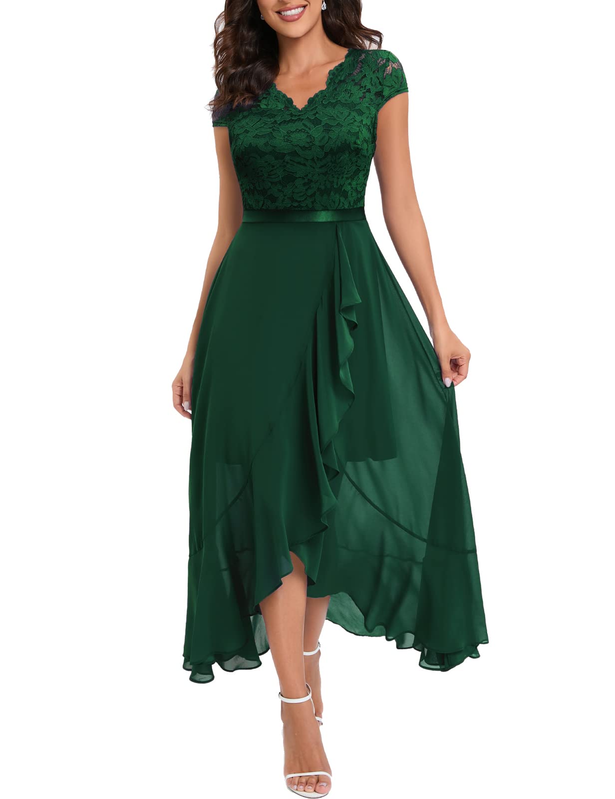 Bbonlinedress Mujer Vestido A-línea de cóctel Top Falda de Encaje Columpio de Gasa para Boda de Bola de Fiesta Cuello en V Manga Corta Gasa Corte para Mujer