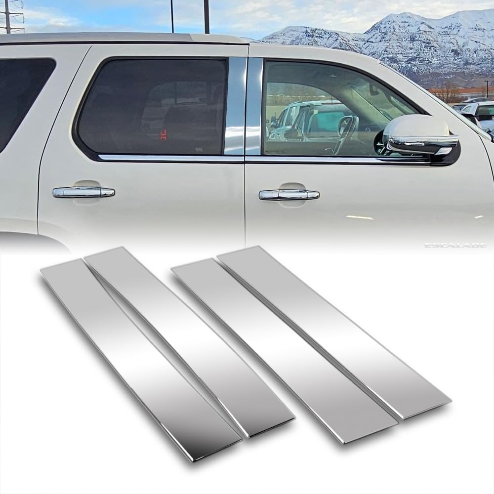 Stay-Tuned, Stainless Steel 4 Pieces Polished Chrome Door Pillar Trim Cover with Adhesive Tape, Compatible with Cadillac Escalade 2007-2014, Window Trim Moldings, Auto Replacements