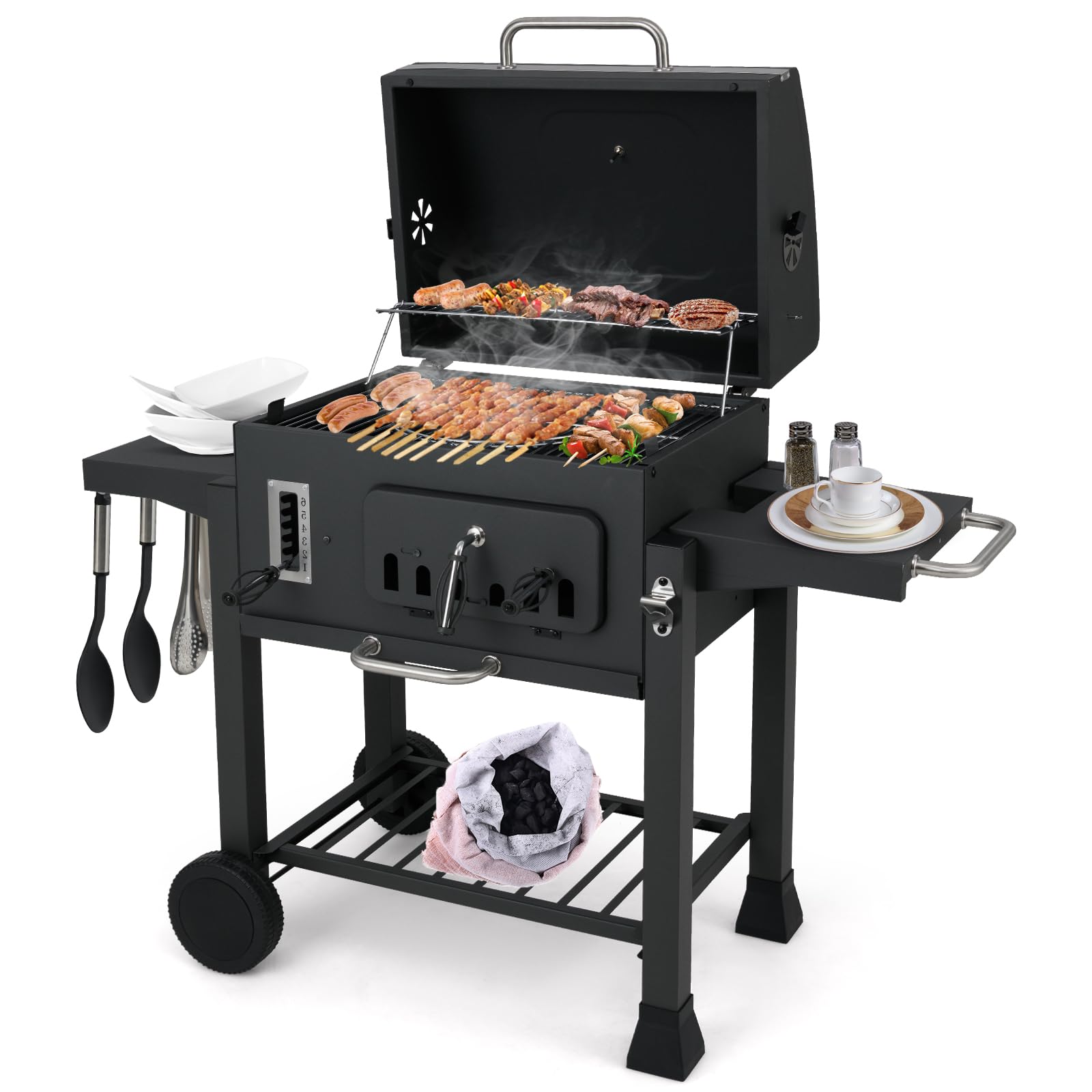 KOMFOTTEU Holzkohlegrill mit 2 klappbaren Seitentischen & Rädern, Grillwagen mit 6-fach-Holzkohlebehälter, Ablagefach, Grillrost, Thermometer, Rauchgrill Standgrill für outdoor