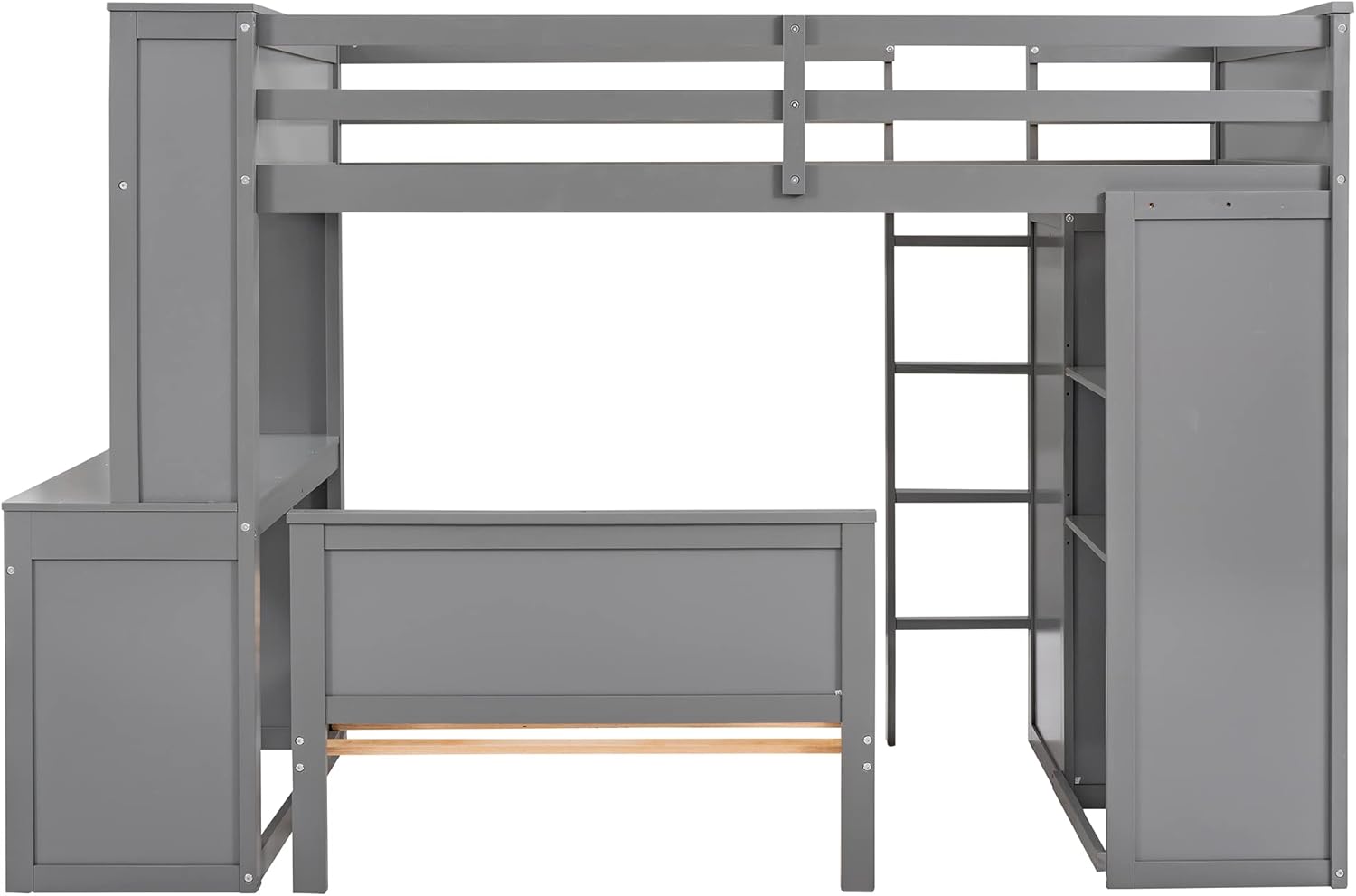 SOFTSEA Twin Over Twin Wood Bunk Bed with Desk, Wardrobe, Storage Drawers and Shelves L-Shaped Wood Bunk Beds, No Box Spring Needed