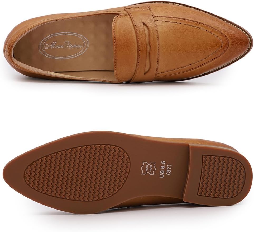 Mona flying Women's Leather Pointed Toe Penny Loafer Dress Casual Slip on Flat Office Work Shoes for Ladies - Image 4