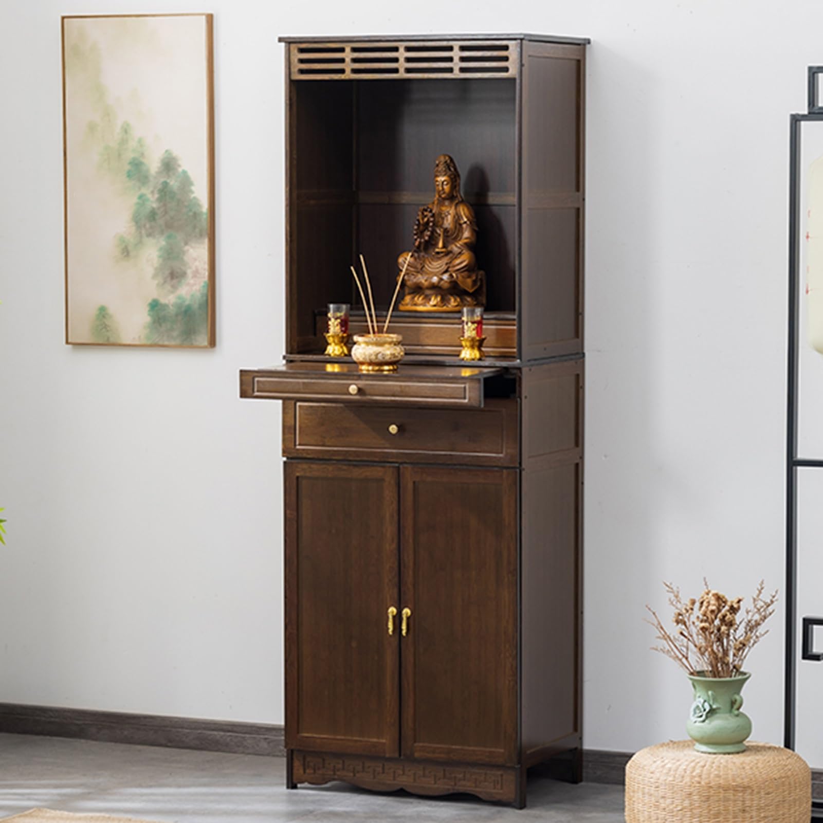 ZIGTUEI Altar Cabinet with Drawer, Chinese Meditation Altar Table, Puja Table, 2-Tier Meditation Meditation Table, for Prayers, Worship, for Living Rooms, Shrines, Temples(Brown,172x50cm/67.7x19.7in)