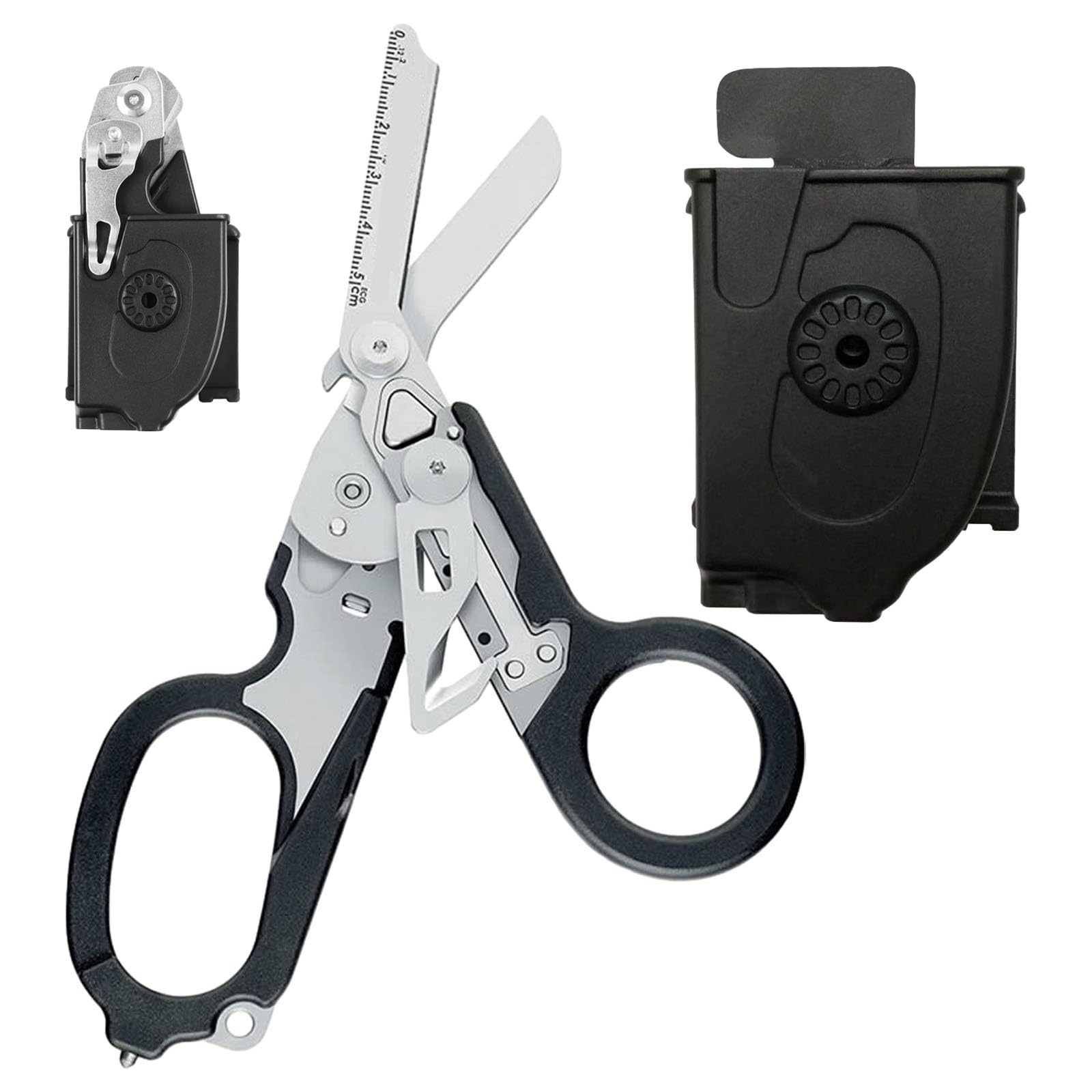 6 in 1 Raptor Response Emergency Shears, Tough Cut Scissors, Multi Tool Pliers Shears, Tactical Folding Pliers with Strap Cutter and Glass Breaker (Black with Holster)