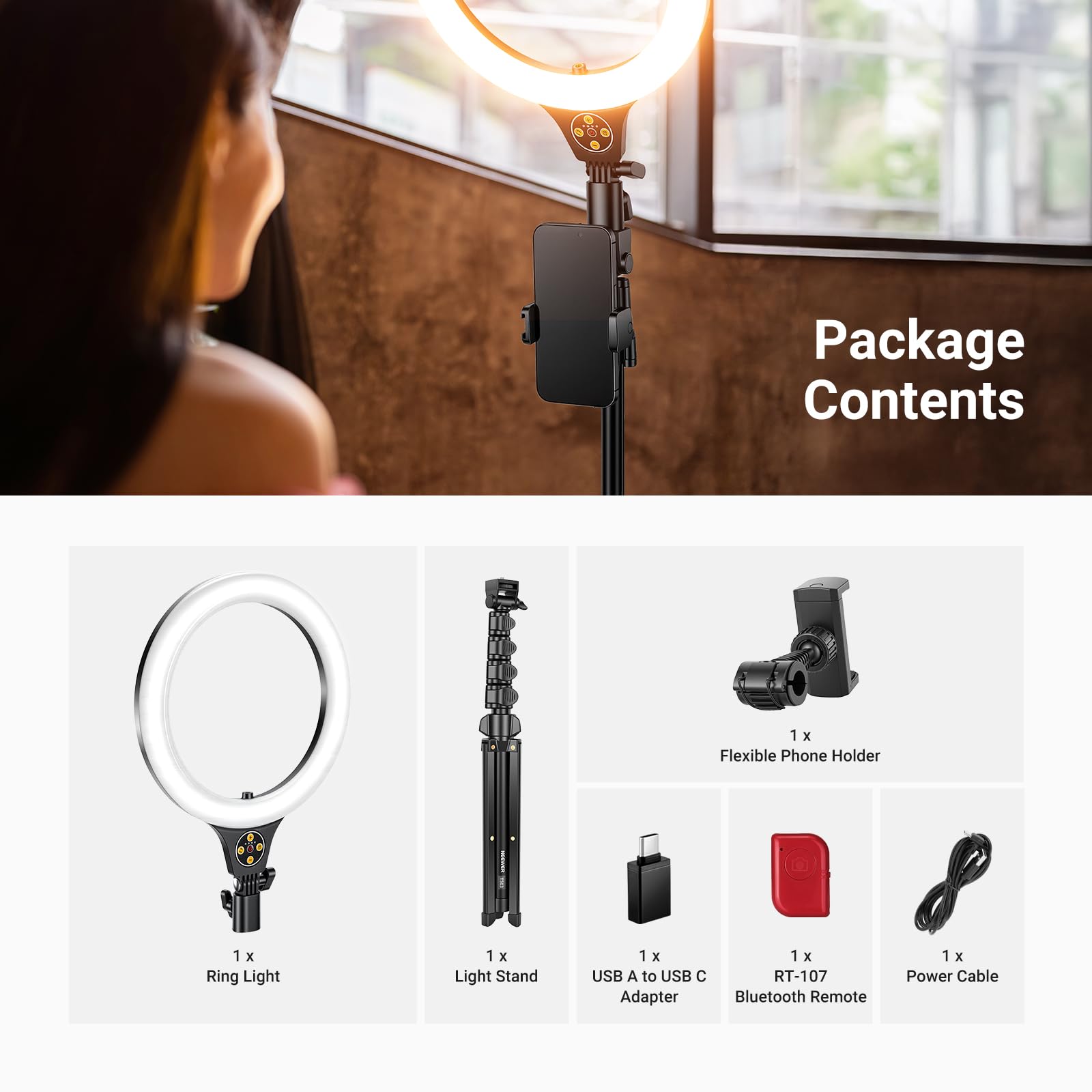 NEEWER Entry Level 10,5" 10 W, lampa pierścieniowa ze statywem 168 cm, uchwyt na telefon, kompatybilny z iPhone'em, dwukolorowe oświetlenie LED CRI85+, do nagrywania i strumieniowego przesyłania wideo