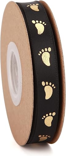 Miniatura 5 de 2 rollos en total de 20 yardas de cinta de bienvenida para bebé, cintas negras y doradas con estampado de pies para manualidades, pasteles, baby