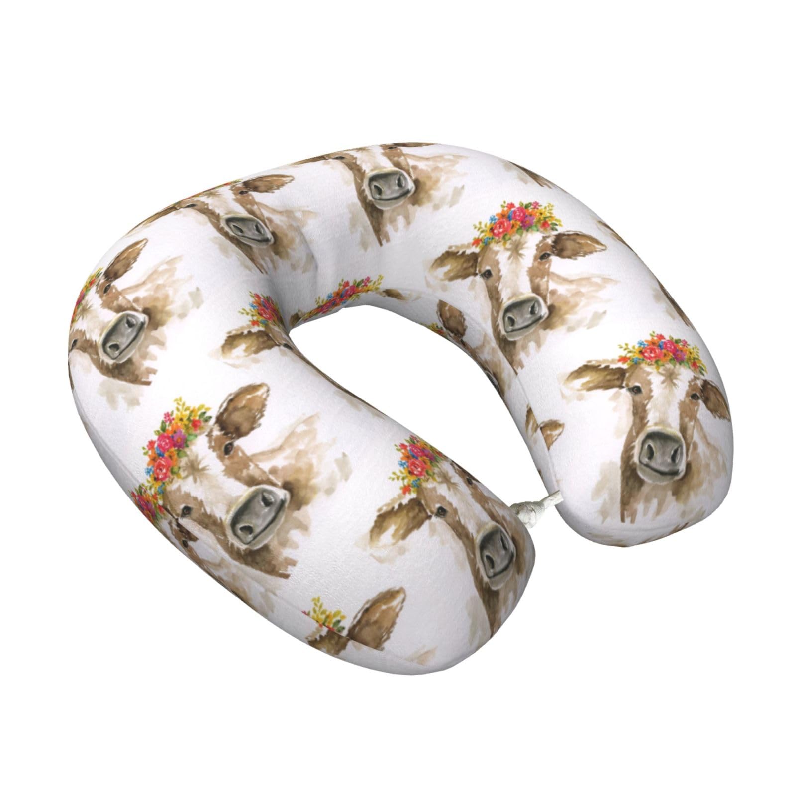 LKYMOH Cute Watercolor Cow, Travel Neck Pillow U-Shaped Memory Neck Support Soft Comfortable With Washable Cover For Airplane Car Traveling and Office