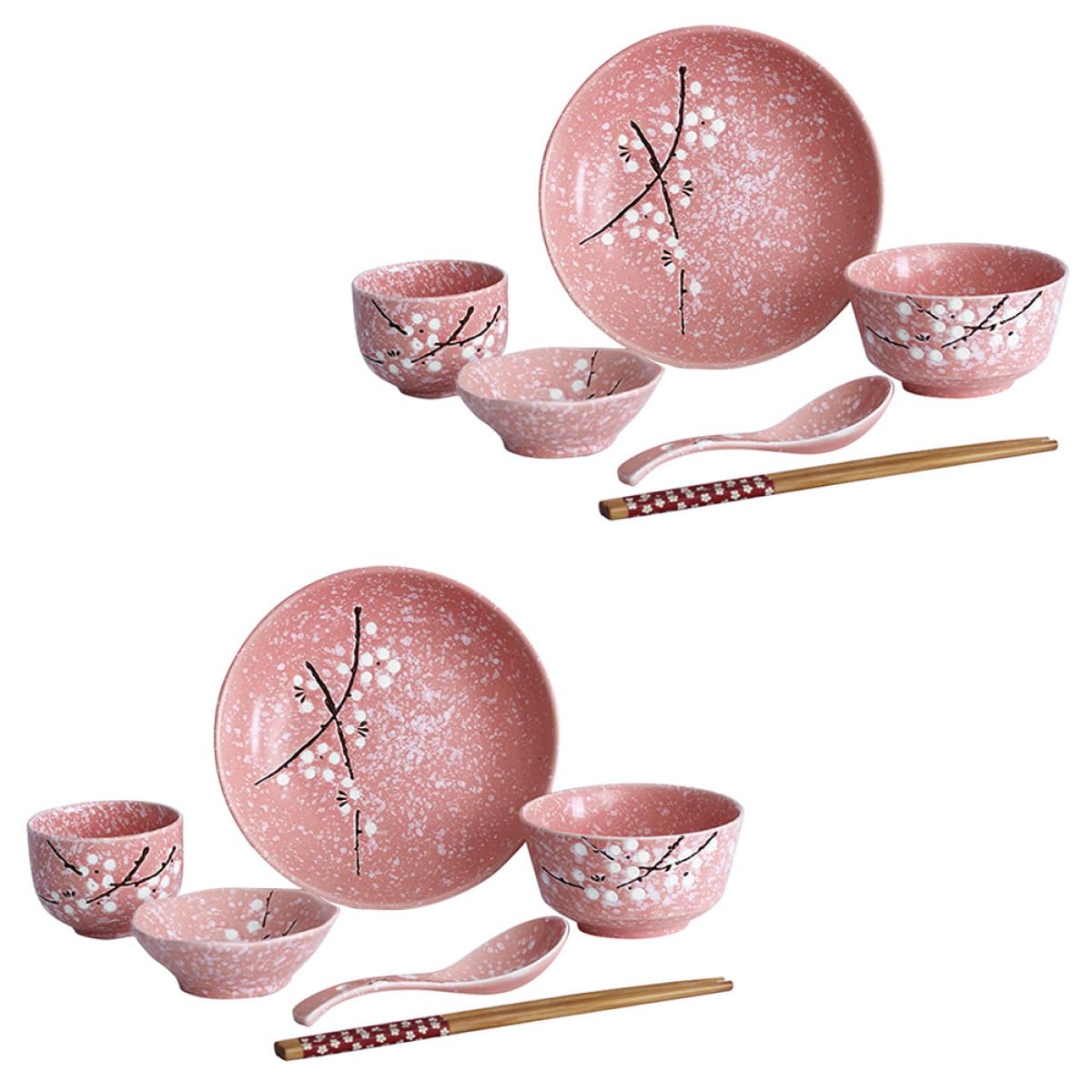 Veemoon 1set Stoviglie Giapponesi in Ceramica Rosa Servizio da Tavola Elegante con Ciotole Piatti Cucchiai Bacchette e Tazze Superficie Liscia Facile da Pulire per Uso Quotidiano