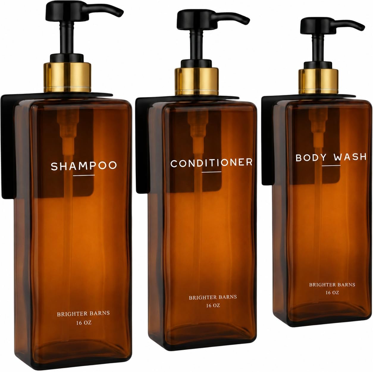 Amber Shampoo and Conditioner Dispenser Set Wall Mounted by Brighter Barns - Refillable Shower Dispenser 3 Chamber No Drill - Plastic Shampoo Bottles for Shower Wall, Guest Bathroom, RV, Hotel (Amber)