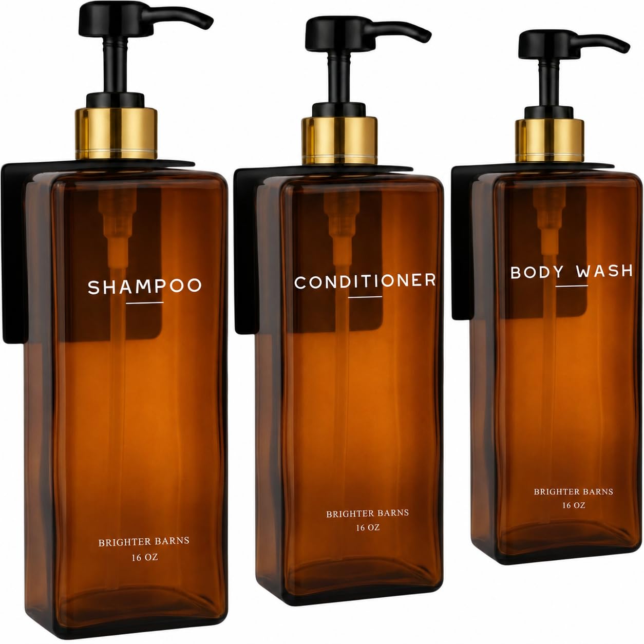 Photo 1 of Amber Shampoo and Conditioner Dispenser Set Wall Mounted by Brighter Barns - Refillable Shower Dispenser 3 Chamber No Drill - 16oz Plastic Shampoo Bottle for Shower Wall, Guest Bathroom, Hotel (Amber)