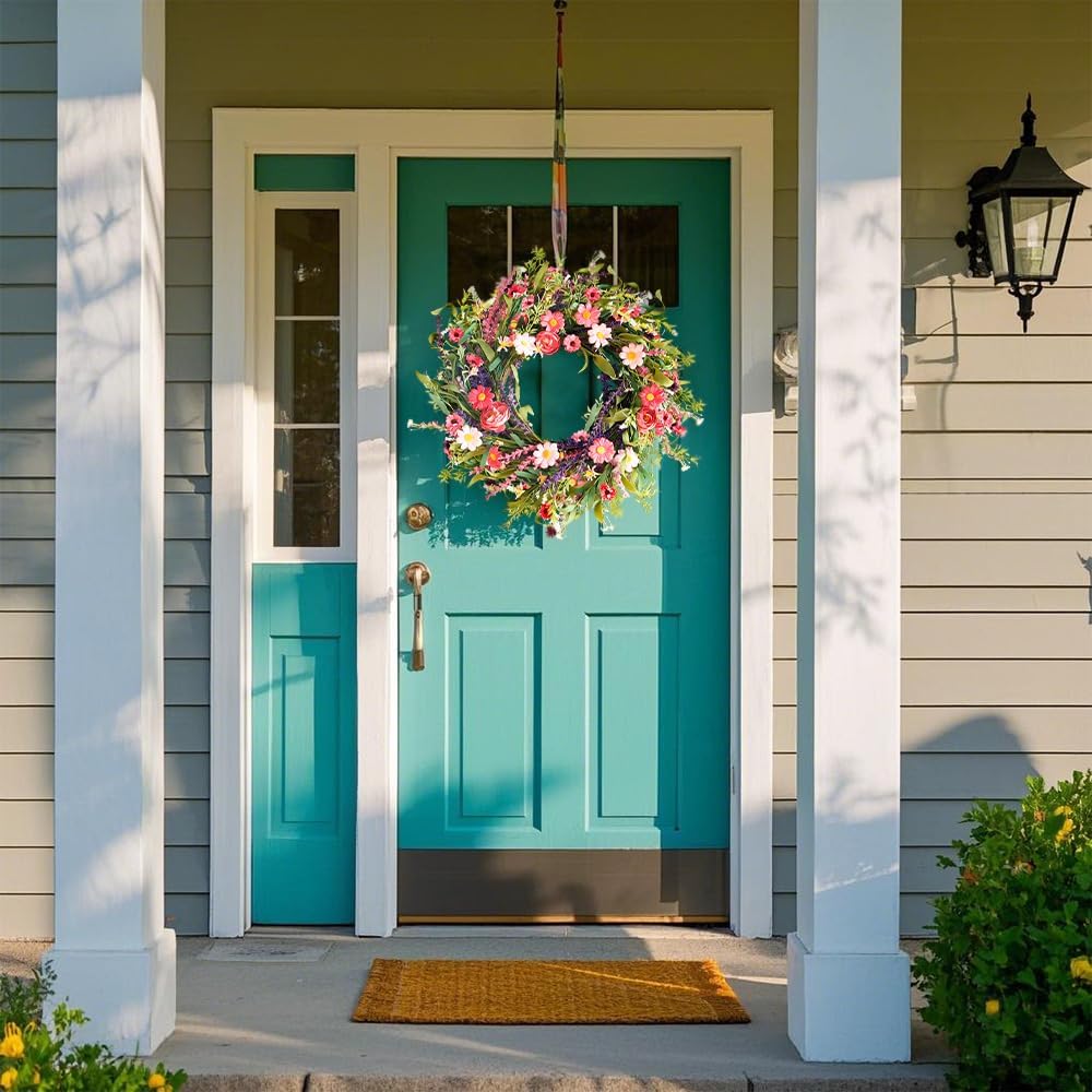 Qingbei Rina Spring Wreaths for Front Door, 22 Inch Door Wreath for Decorating with Daisy and Lavender, Wildflower Wreaths Indoor Outdoor, Home Windows Wall Farmhouse Wedding Decor