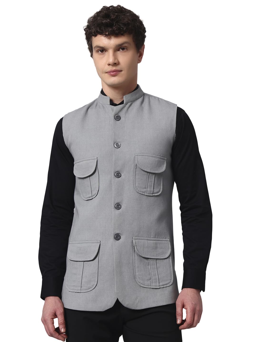 Men’s Twill Cotton Nehru Jacket with 4 Pockets | Regular Fit Waistcoat (IN, Alpha, L, Regular, Grey)
