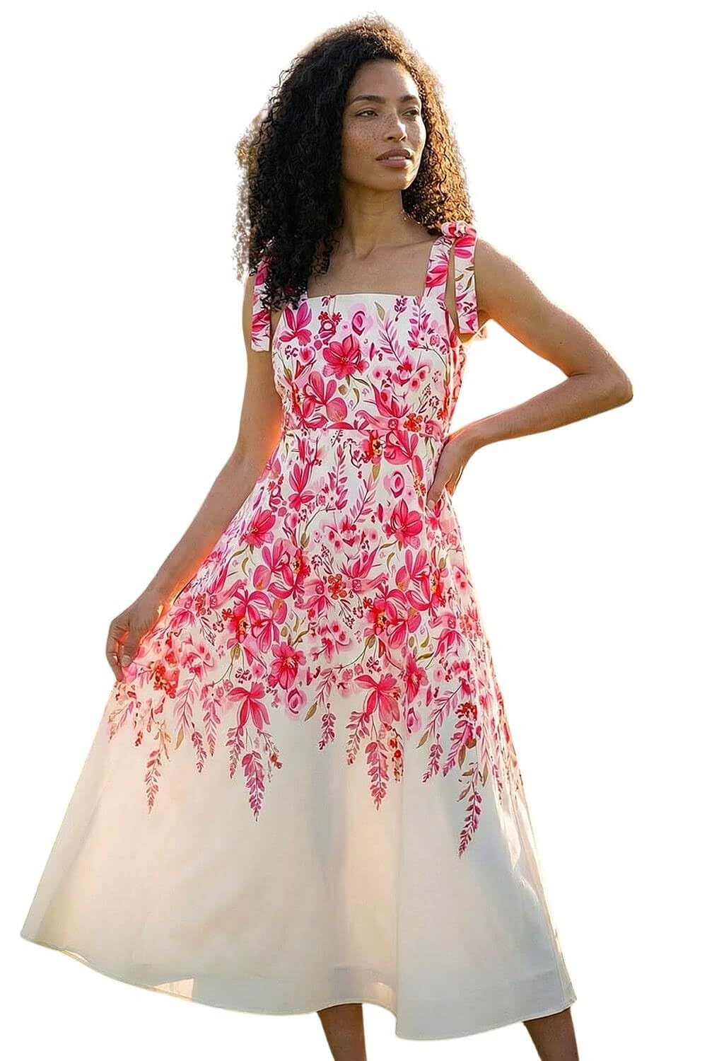 Roman Originals Beach Print Strappy Midi Dress for Women UK - Ladies Everyday Holiday Spring Summer Square Neckline Comfy Soft Evening Vacation Work Party