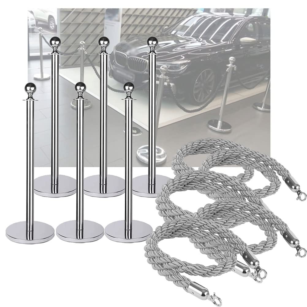 Paletti di Controllo della Folla in Acciaio Inox Argentato, Set di Paletti con Corda Intrecciata in Poliestere Colorato da 1,5 M, Pali per Il Controllo della Folla Grey-2-6 PCS Set w/5 Rope