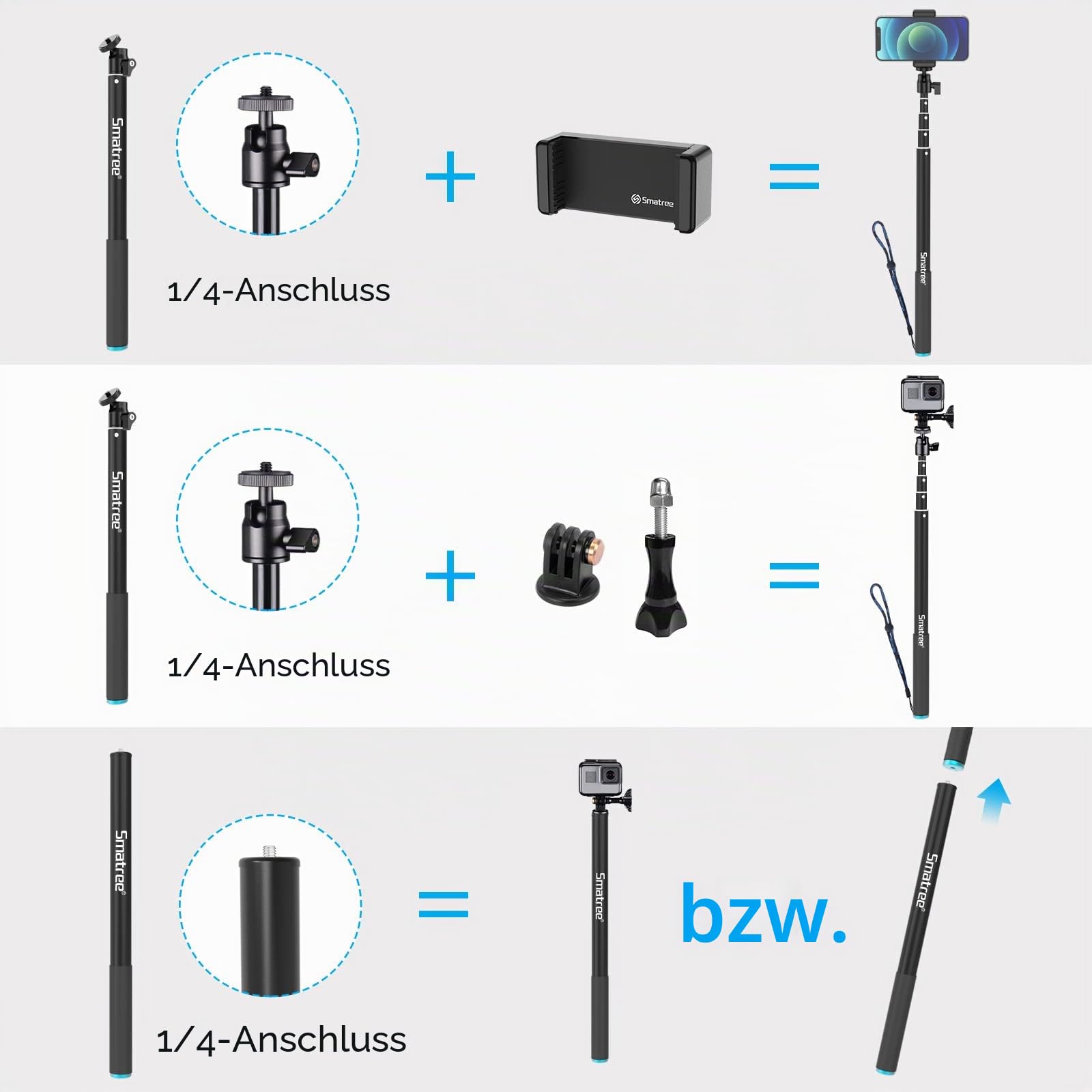 Smatree 220cm SmaPole Extendable Selfie Stick, Teleskopstange kompatibel für GoPro 13/12/11/10/9/8/7/6/5/4/3, kompatibel für Insta360, kompatibel fürDJI Osmo Action 3/2(Extended Version 17"-87")