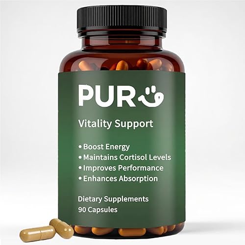 Puro Vitality Support - Pastillas para hombre mezcladas con ashwagandha, shilajit, extracto de pimienta negra y vitaminas, mejora de energía natural