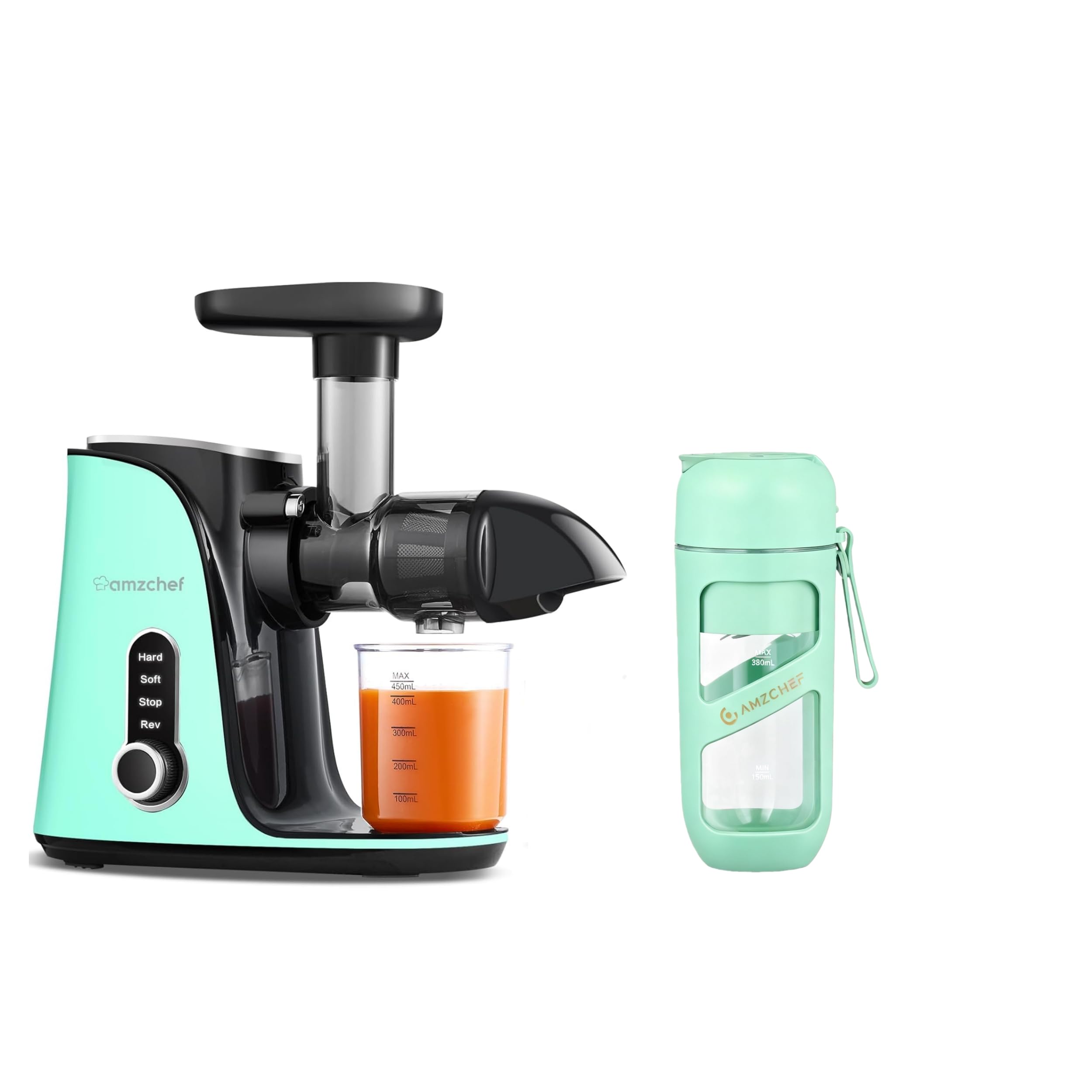 AMZCHEF Exprimidor de verduras y frutas con 2 modos de velocidad, exprimidor lento con botella portátil y 2 tazas, exprimidor de prensa fría sin BPA, con LED inteligente y función inversa, verde