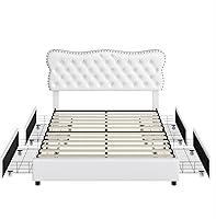 Vista 8 de HOSTACK Base de cama matrimonial con 4 cajones de almacenamiento, base de cama tapizada con cabecera capitonada con botones, base de colchón