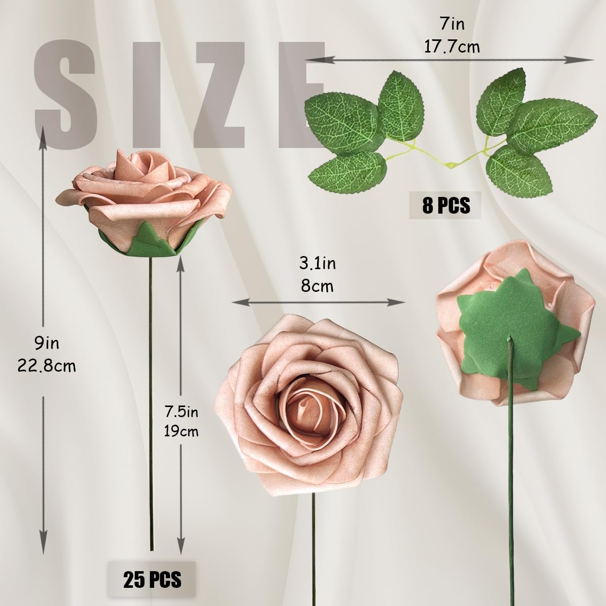 25pcs Artificial Flowers Terracotta Foam Fake Rose with Stems 8 Leaves Real Looking Light Brown Faux Roses for Wedding Bouquets Bridal Shower Centerpieces Arrangements Party Tables Decorations DIY - Image 2