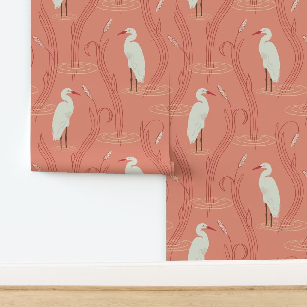 Removable Wallpaper 6ft x 2ft - White Egrets Coral and Cream Coastal Nautical Large Scale Wildlife Beach Marsh Custom Pre-Pasted Wallpaper by Spoonflower