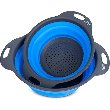 Collapsible Colander, 2 Pcs Large And Small Silicone Kitchen Strainer for Draining Pasta, Vegetable and Fruit – BLUE – By ELITRA HOME