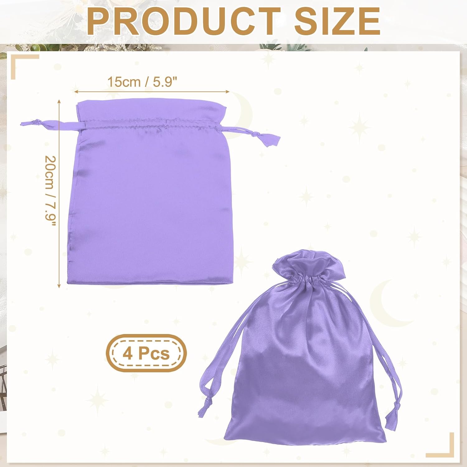 MECCANIXITY Satin Bags with Drawstring, 6x8 Inch Wedding Favor Bag Mini Gift Packaging Bag for Birthday Christmas Jewelry Party (Purple, Pack of 4)