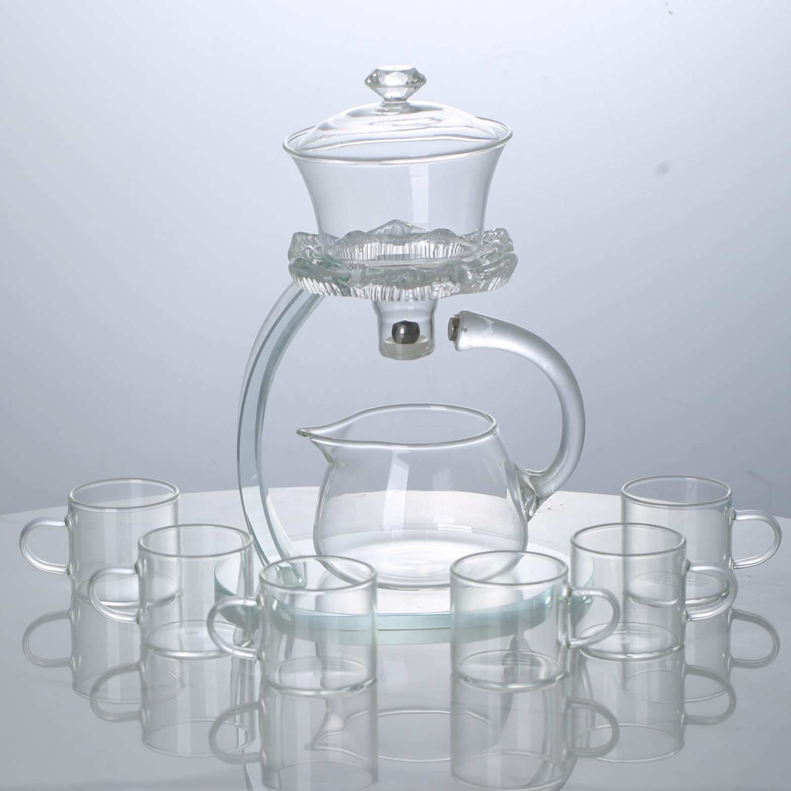 Półautomatyczny szklany czajniczek, Lazy Kungfu Drip Teapot z zaparzaczem, wzór kwiatu lotosu, żaroodporny szklany zestaw do herbaty, odpowiedni do recepcji domowej/biurowej (przezroczysty,