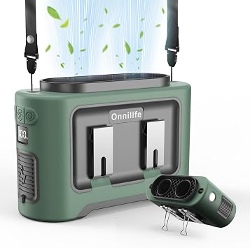 14500mAh Portable Waist Fan Rechargeable, Wearable Belt Personal Fan, Hands Free Hanging Neck Fan with Flashlight and 5 Speeds 14600RPM Strong Airflow for Camping, Outdoor, Jobsite Green