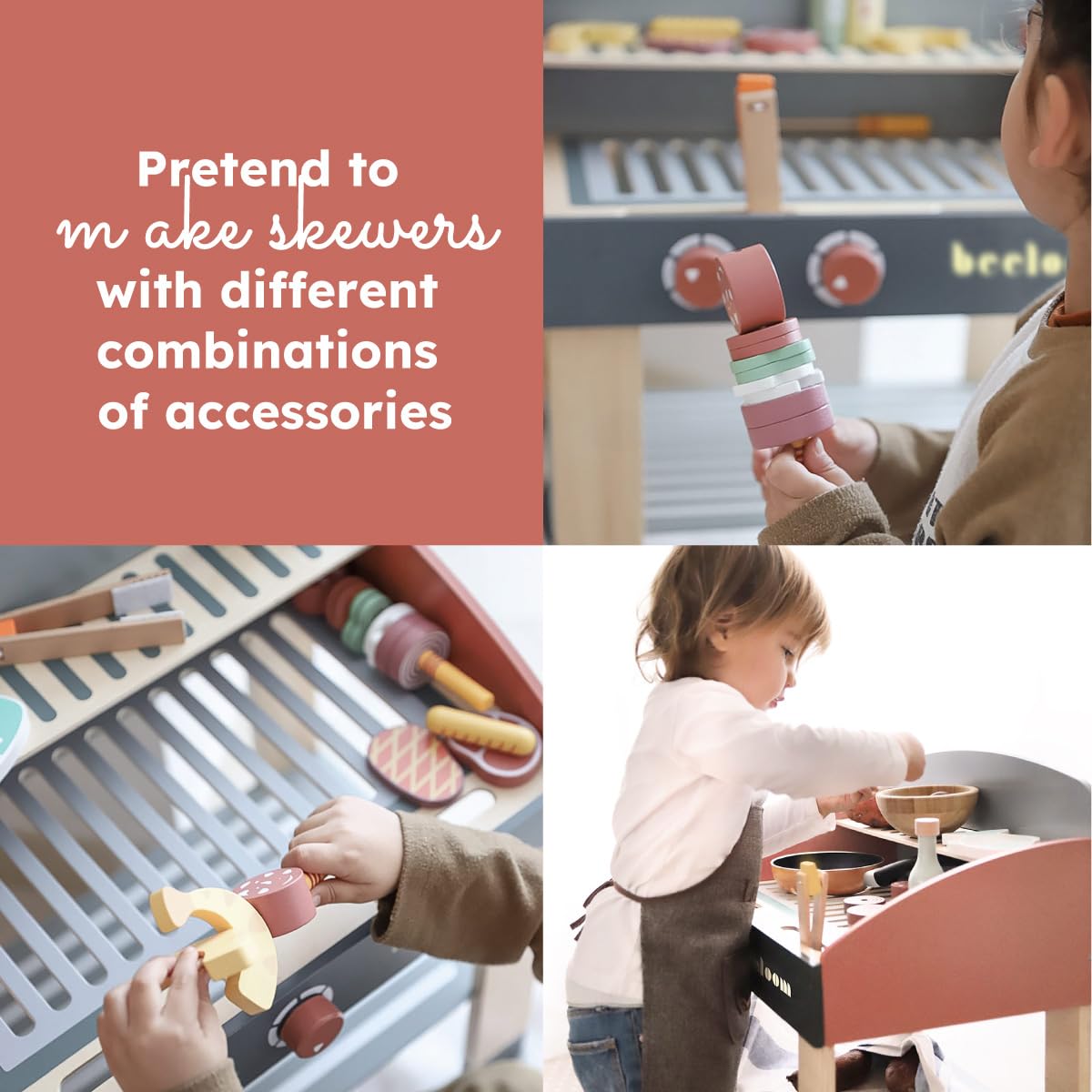 Beeloom Babycue - Cocinita Infantil De Madera Natural con Accesorios, Estilo Barbacoa, Juego De Imitación para Niños Desde 3 Años, Diseño Portátil Y Minimalista