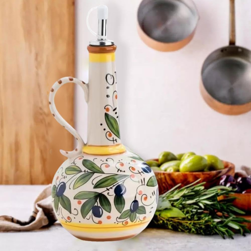 Włoski ceramiczny dozownik oliwy z oliwek, butelka 680 ml, ręcznie malowany, dekoracyjny dozownik z kamionki z wylewką do oleju, octu, syropu kawowego, łatwe czyszczenie, 1 szt