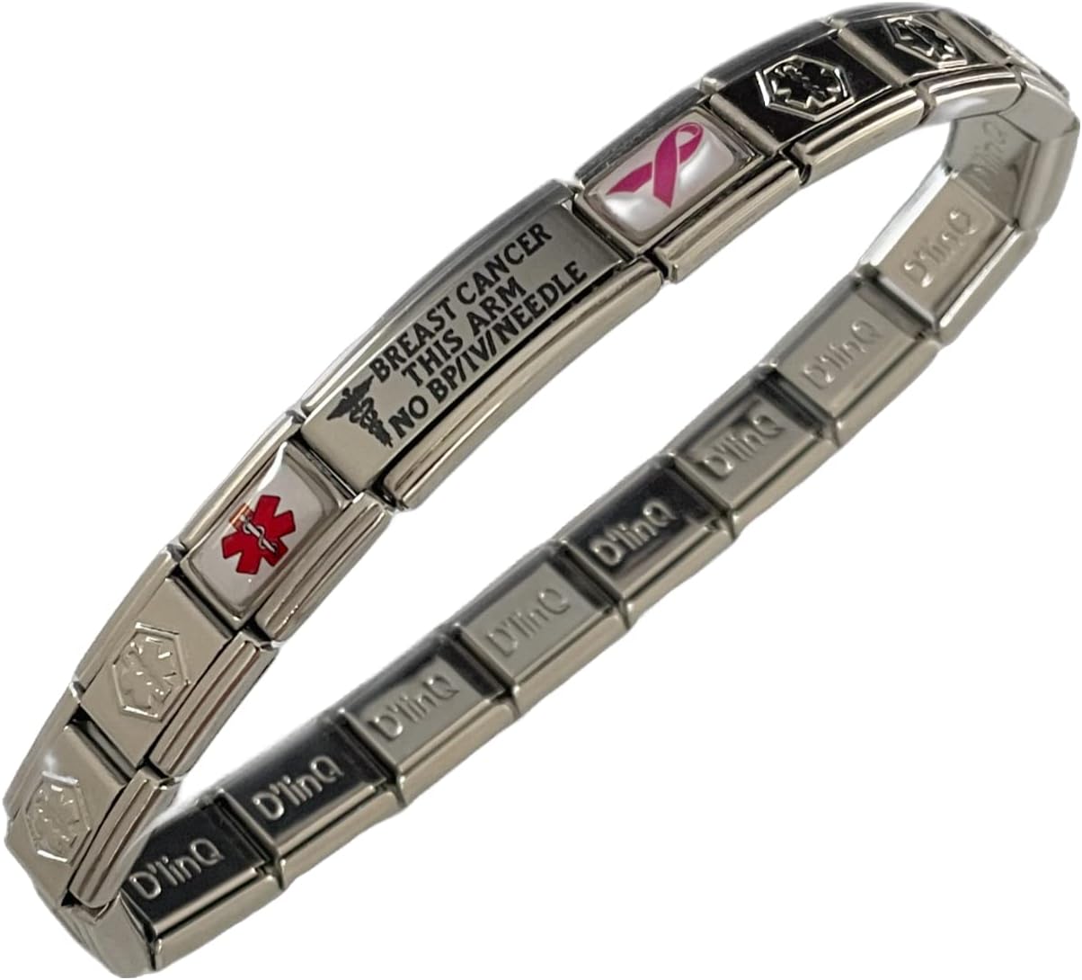 Breast Cancer THIS ARM No Blood Pressure or IV Needle Medical Alert ID Bracelet for Women Italian Charm Style Stretchable Adjustable Awareness Stainless Steel Laser Engraved