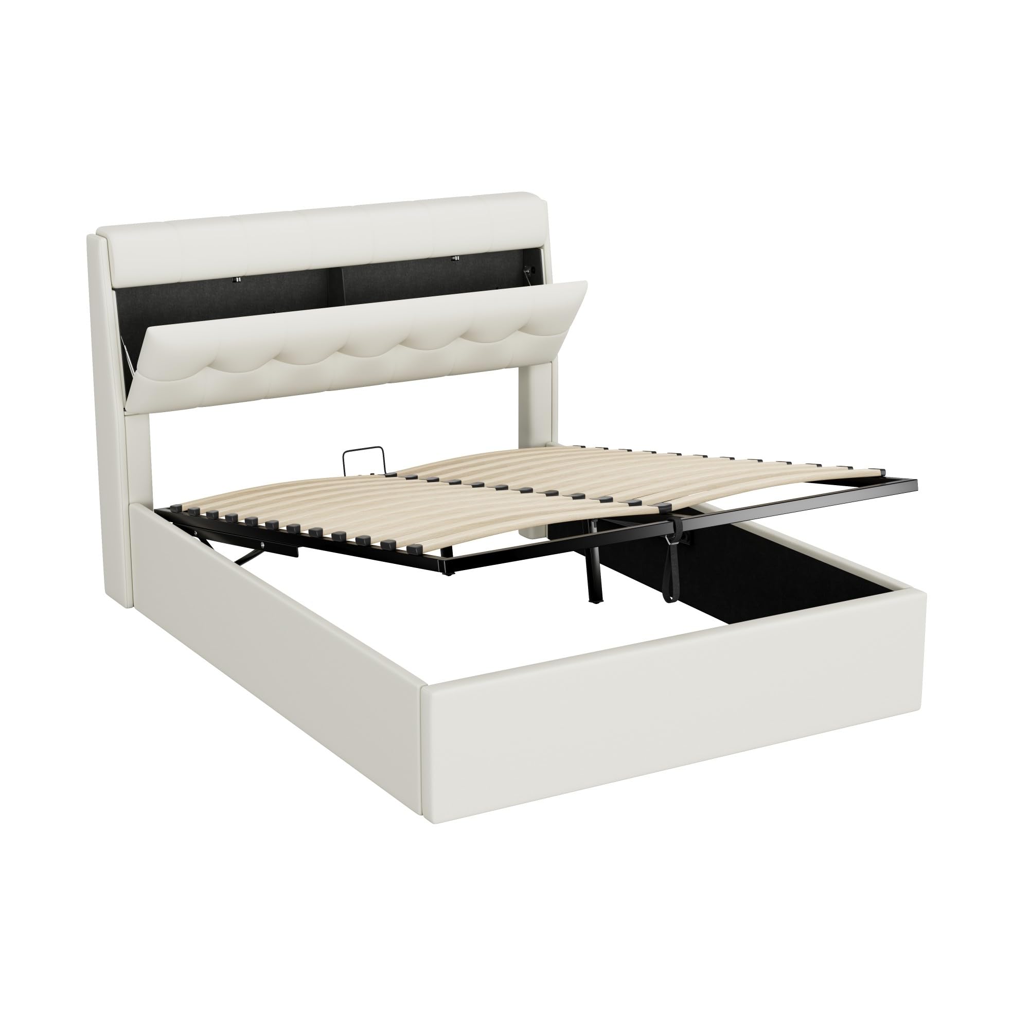 LUBVTTI Cama Acolchada De Matrimonio Con Cabecero Y Contenedor, Estructura De Cama De 140 X 200 Cm Con Somier De Láminas, Poliuretano, Color Blanco
