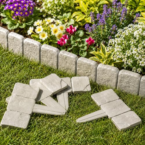 Image of Grey Stone Effect Lawn Edging 10 Pack, Interlocking Cobblestone Garden Border Edging, Flexible No Dig Plastic Lawn Edge for Flower Beds Paths Borders & Patios