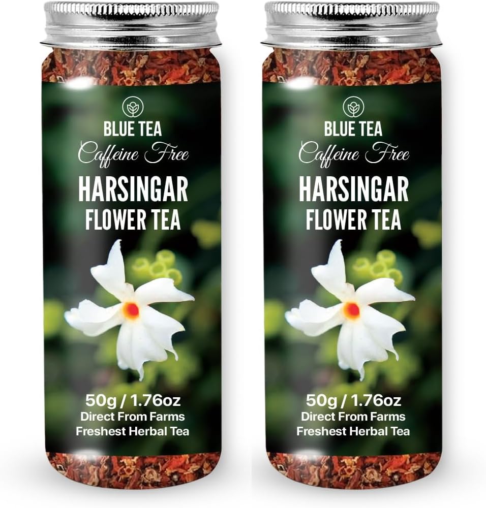 BLUE TEA - Harshingar Flower Tea Loose Leaf - 3.52 Oz (Pack of 2) | FLOWER BASED | Herbal Tea - Caffeine Free - Non-Bitter - 100% Natural - No Preservatives - Non-GMO | Pet Jar Packaging