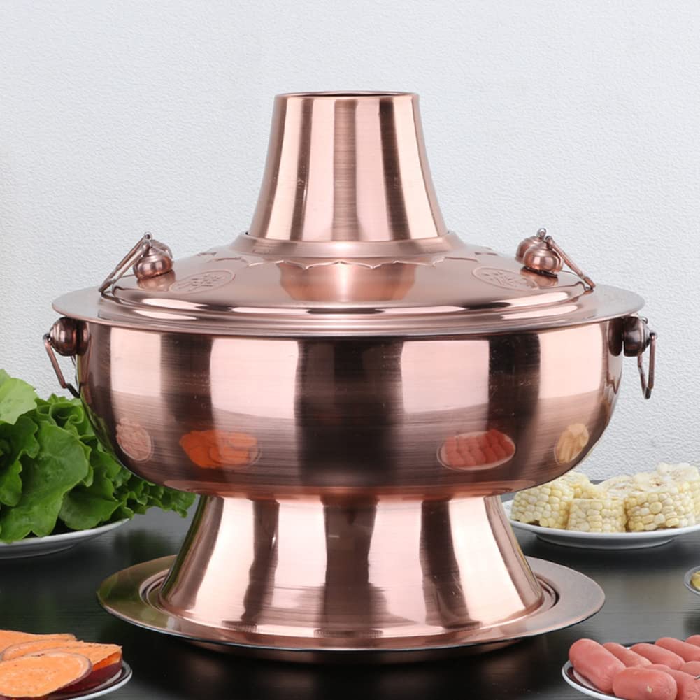 Olla de carbón caliente Shabu - Olla de sopa vintage de cobre con chimenea, diseño de acero inoxidable para reuniones familiares de 3 a 6 personas, perfecta para fiestas
