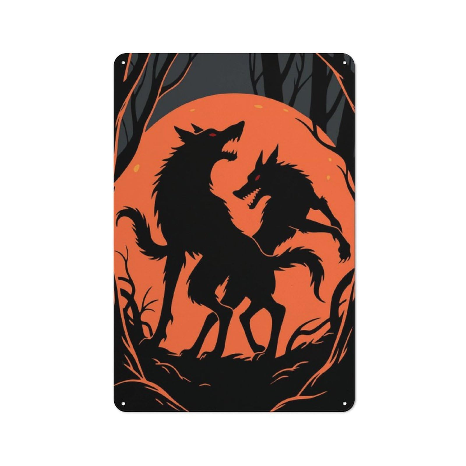 Wolves Howling at The Moon Silhouette Rustic Tin Wall Plaque 30x20cm for Bar Or Restaurant, for Vintage Wall Decor Fans, for Garage And Workshop Walls