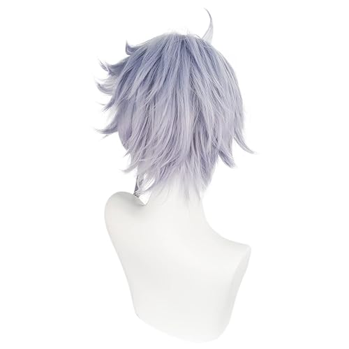 Miniatura 5 de JoneTing Azul Ashengrotto Peluca + Gorro para el cabello Peluca gris púrpura Anime Cosplay peluca sintética corta púrpura claro ondulado pelucas