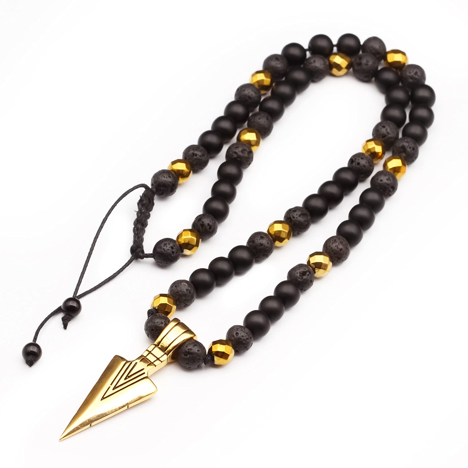 Men's Arrow Head Natural Black Lava Onyx Gemstone Protection Beaded Macrame Adjustable Long Necklace For Men Christmas Gift