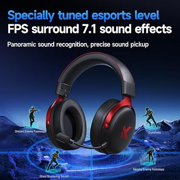MCHOSE V9 Gaming Headphones, 7.1 Surround Sound, Black and Red, Aluminum Alloy, 265g Lightweight, EQ Sound Effects, Professional FPS Gaming Headset with Software, C-Media Sound Card (哑黑)